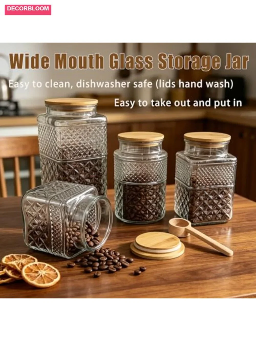 Set of 2 Glass Jars with Bamboo Lids and Wood Spoons, 60 oz Airtight Food
